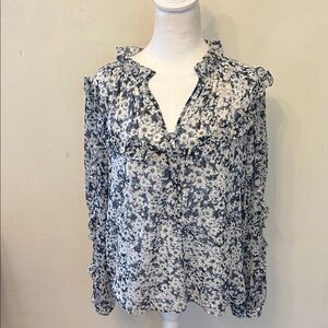 Vince Camuto blue pink floral long sleeve ruffle blouse Size M EUC
